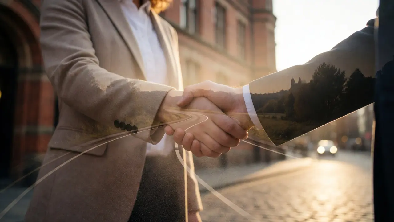Handshake in front of Manchester architecture at sunset