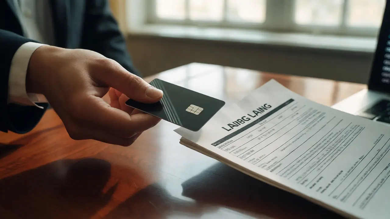 Handshake over documents and payment card, symbolizing secure trade transactions.