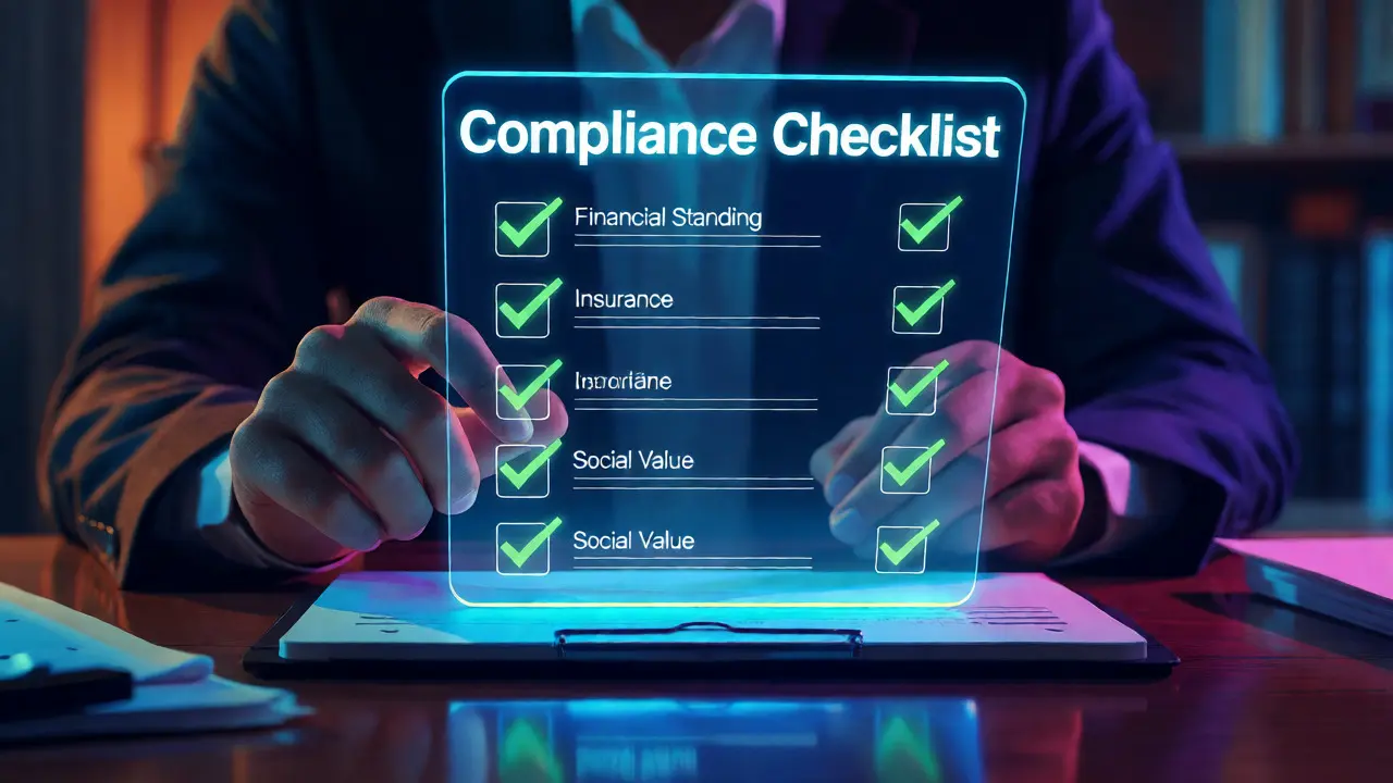 Holographic compliance checklist with green checkmarks floating over an office desk.