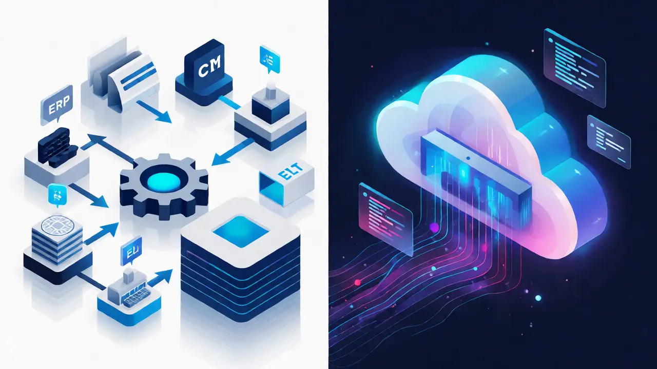 Isometric illustration comparing traditional ETL processing with modern ELT cloud warehouse workflows.