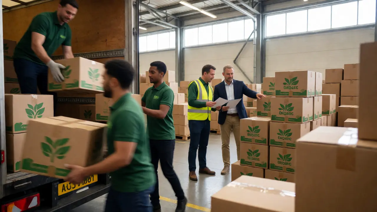 Logistics team loading organic products onto trucks while managers coordinate operations in a warehouse.