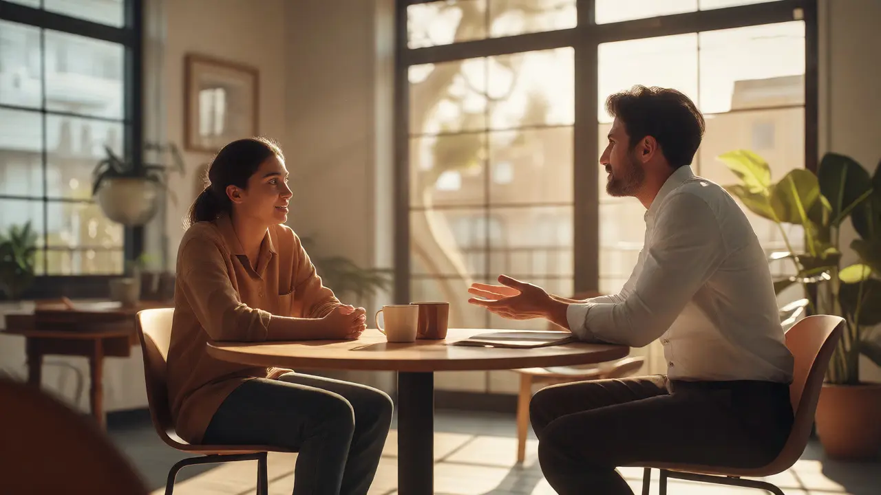 Manager and employee having a supportive return-to-work discussion in a bright meeting room