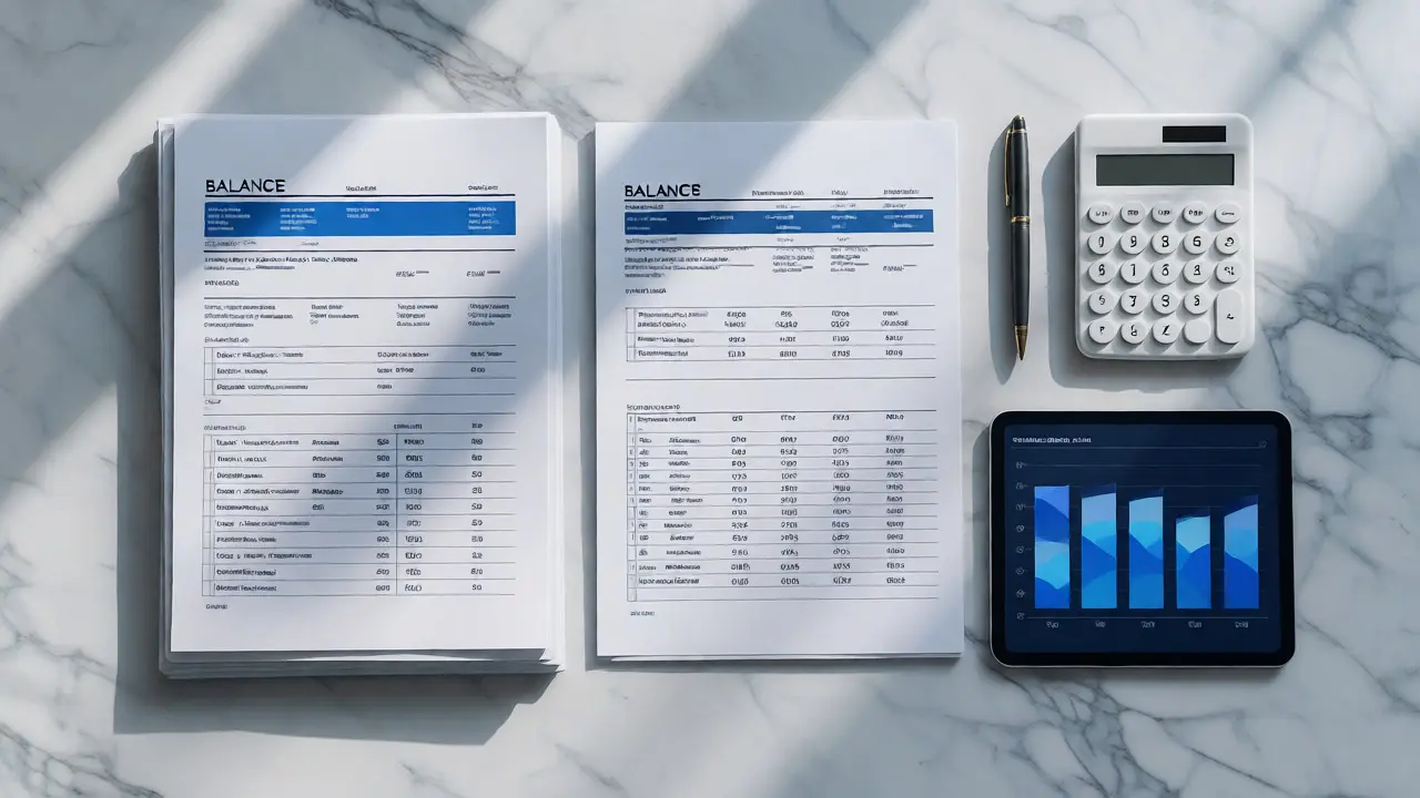 Organized financial documents, calculator, and tablet on a clean white desk
