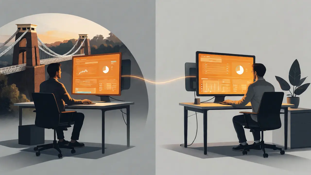 Remote workers in Bristol and Birmingham connected by synchronized glowing data dashboards.