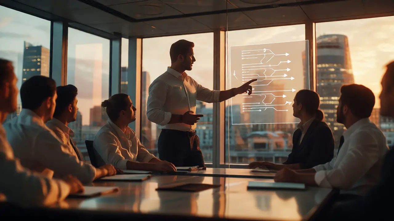 Sales manager leading a clear deal review meeting in a London office at dusk