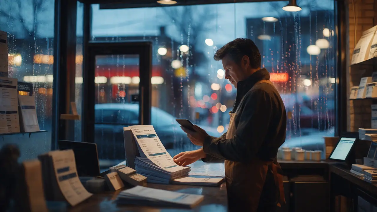 Shop owner reviewing variable utility bills on a tablet in a rainy evening
