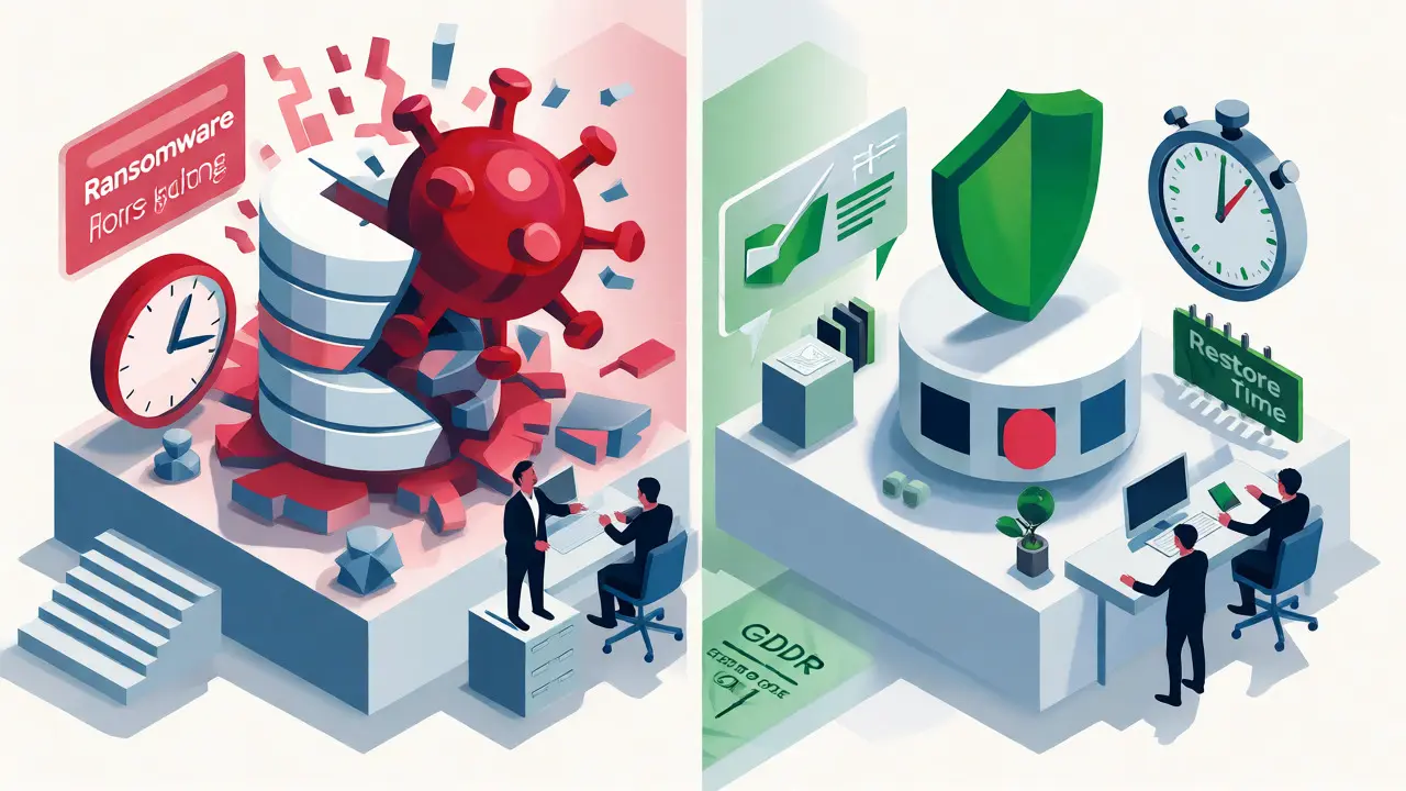 Split-screen illustration of ransomware attack vs verified restore