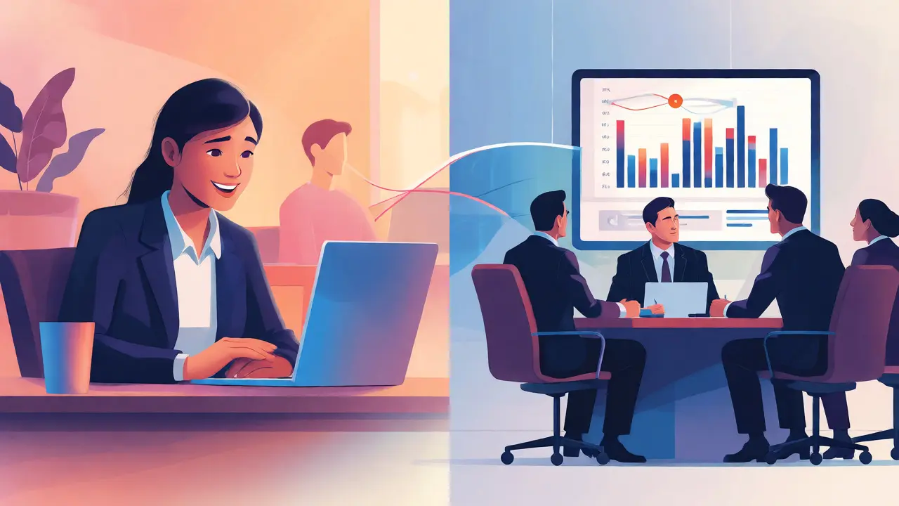 Split view contrasting empathetic customer support with formal stakeholder reporting.