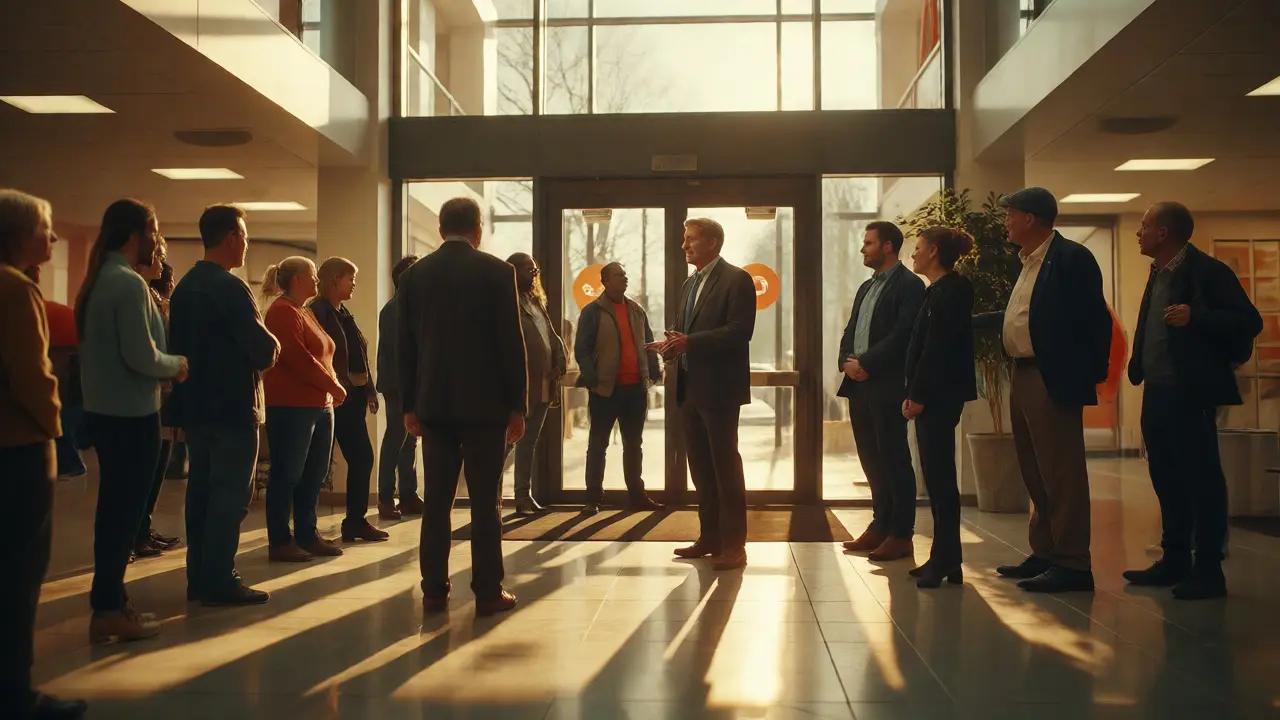 Spokesperson engaging with staff in a sunlit lobby during post-crisis recovery.