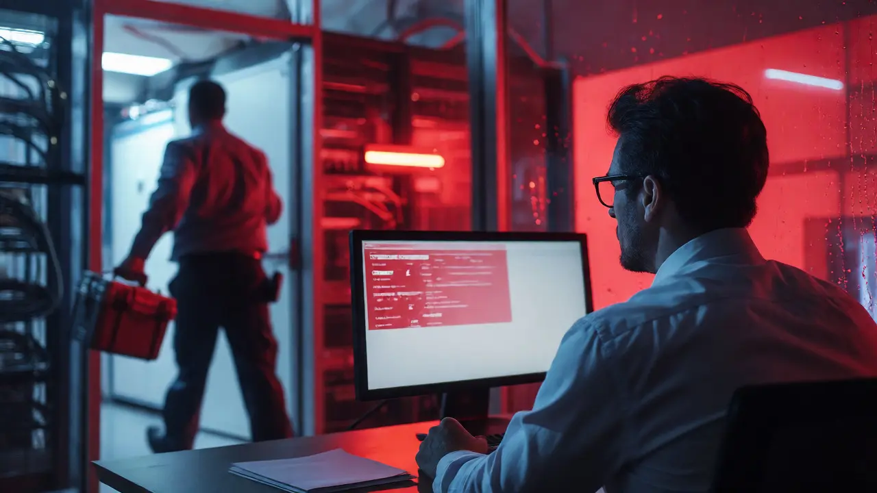 Stressed employee facing a system outage while an IT technician rushes to resolve the critical incident.