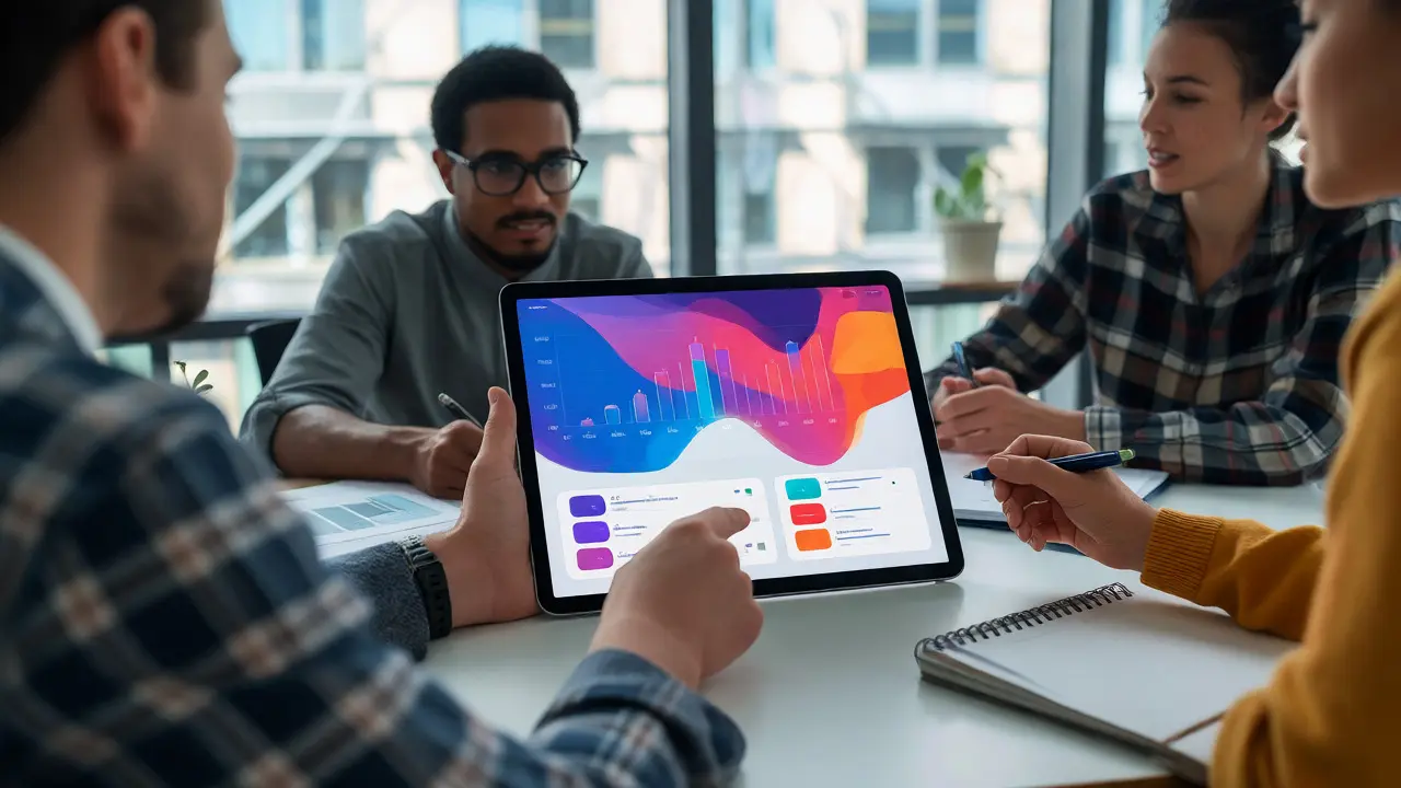 Team collaborating around a tablet displaying a clean CRM dashboard interface.
