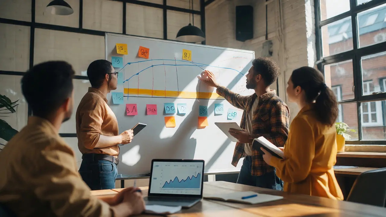 Team strategizing funding plans around a whiteboard in a modern office