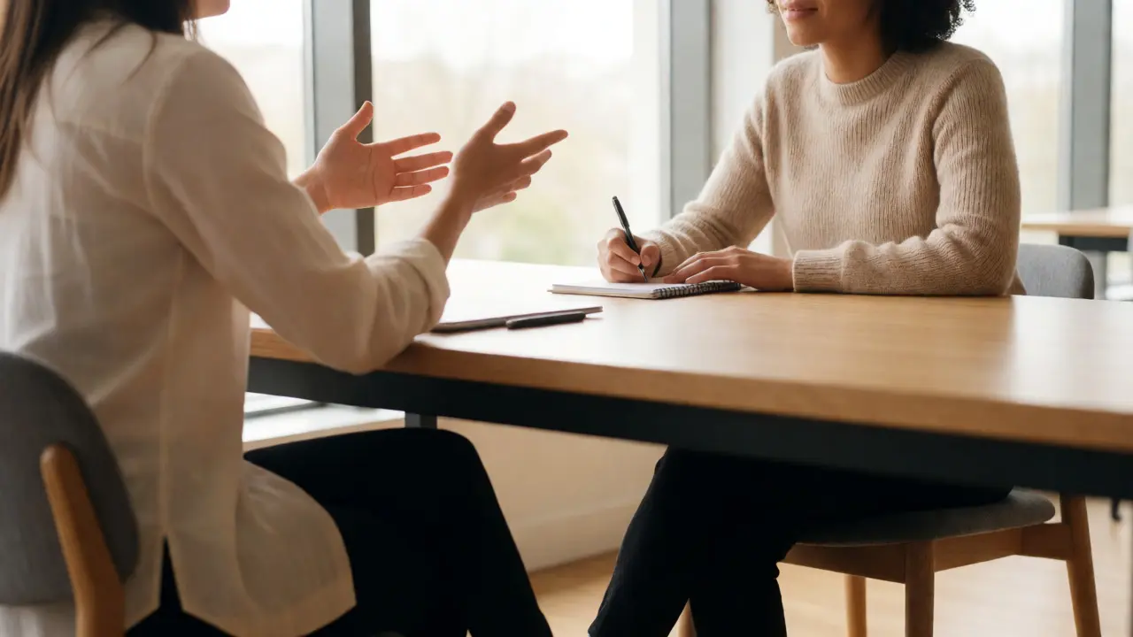 Two professionals conducting a behavioral interview in a bright, modern office.