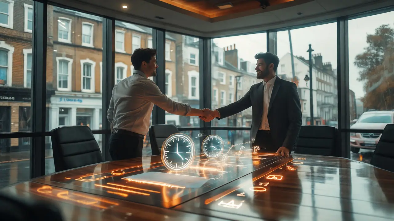 Two professionals shaking hands over a holographic timeline