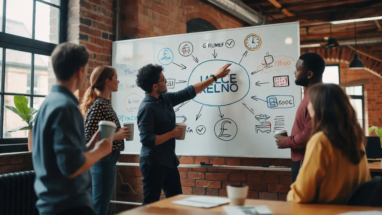 UK business team collaborating around a whiteboard with strategic diagrams in a modern workspace.