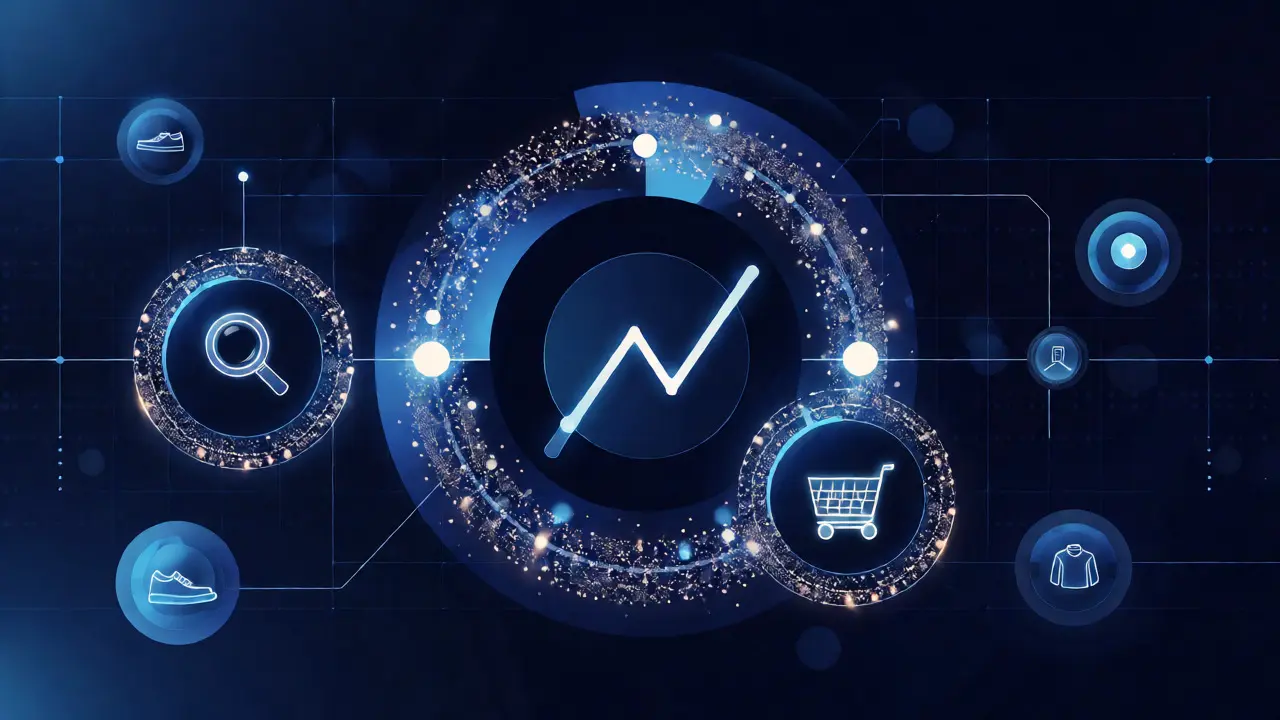 Abstract digital cycle of search, conversion, and metrics for marketplace SEO