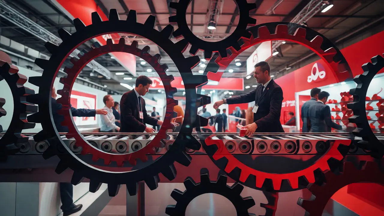 Abstract gears overlaid on a trade show floor, representing smooth channel operations.
