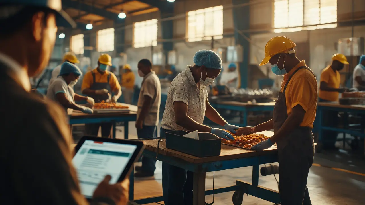 Auditor observing safe working conditions in a manufacturing facility.