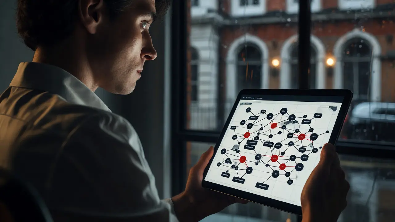 Business person analyzing complex ownership networks on a tablet in a dark office.