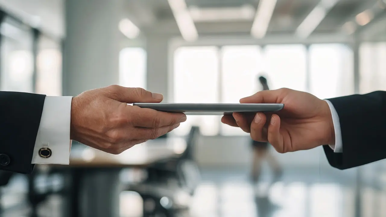 Close-up of hands passing a tablet to symbolize the transfer of authority and empowerment in the workplace.