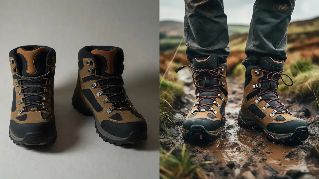 Comparison of flat lay vs lifestyle hiking boot photography in muddy terrain