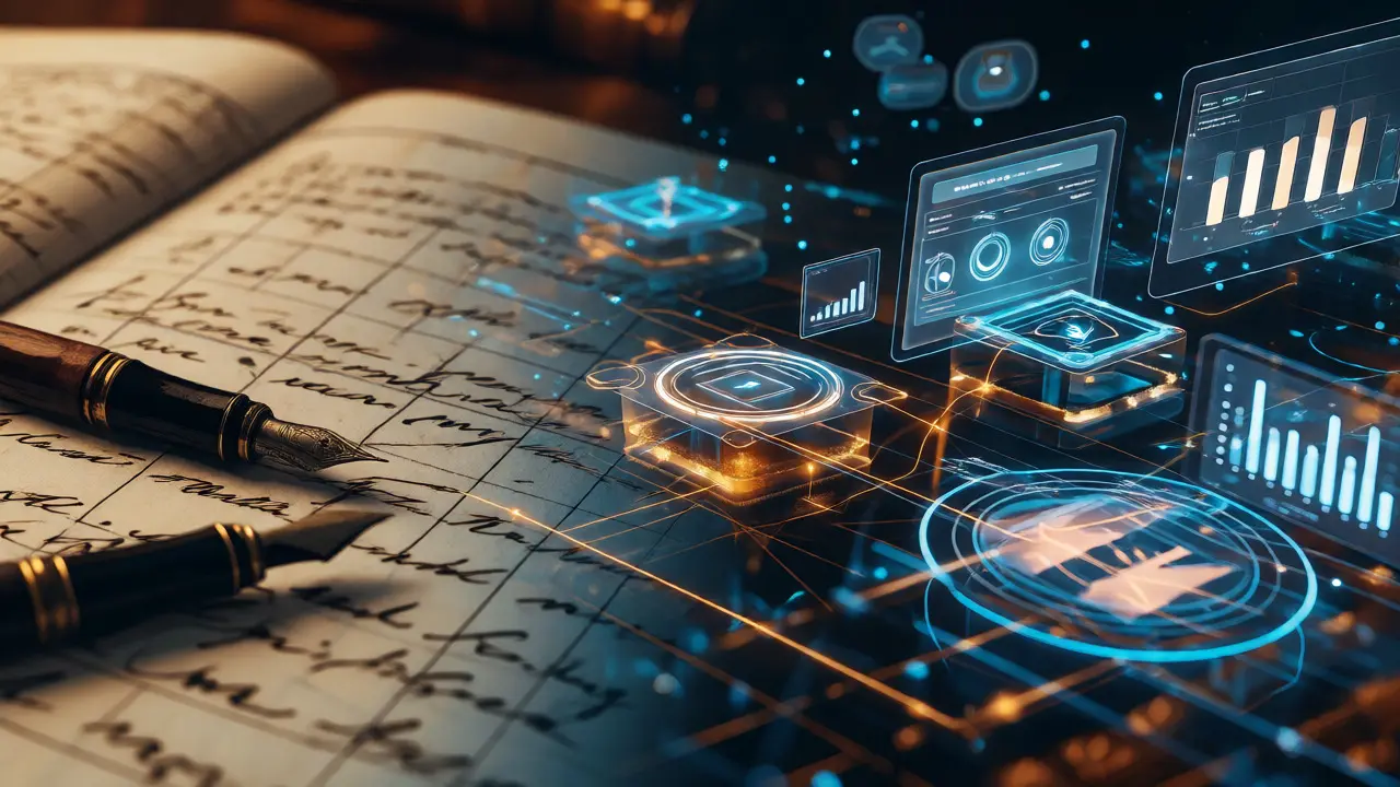 Conceptual blend of vintage ledgers and futuristic AI analytics