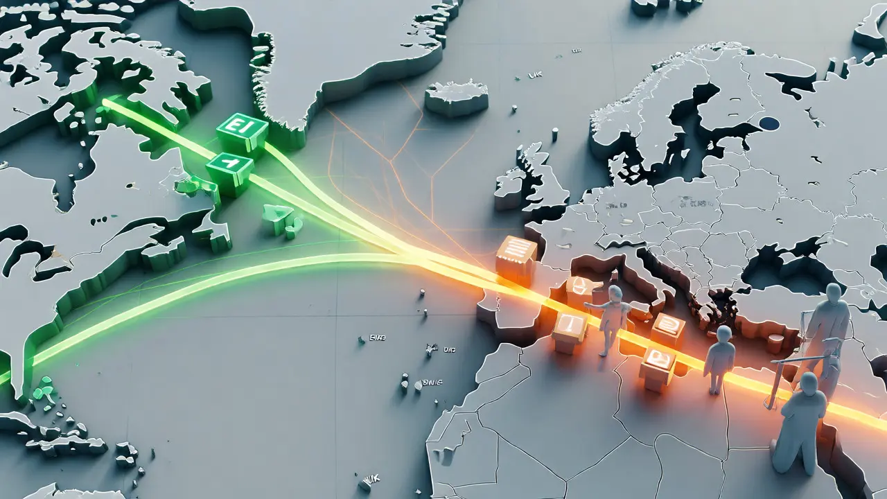 Conceptual map showing divergent UK and EU trade routes with regulatory barriers.