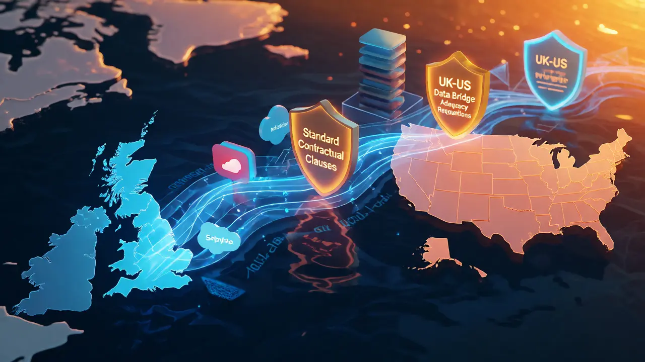 Conceptual visualization of secure data transfer from the UK to the US via regulatory shields.