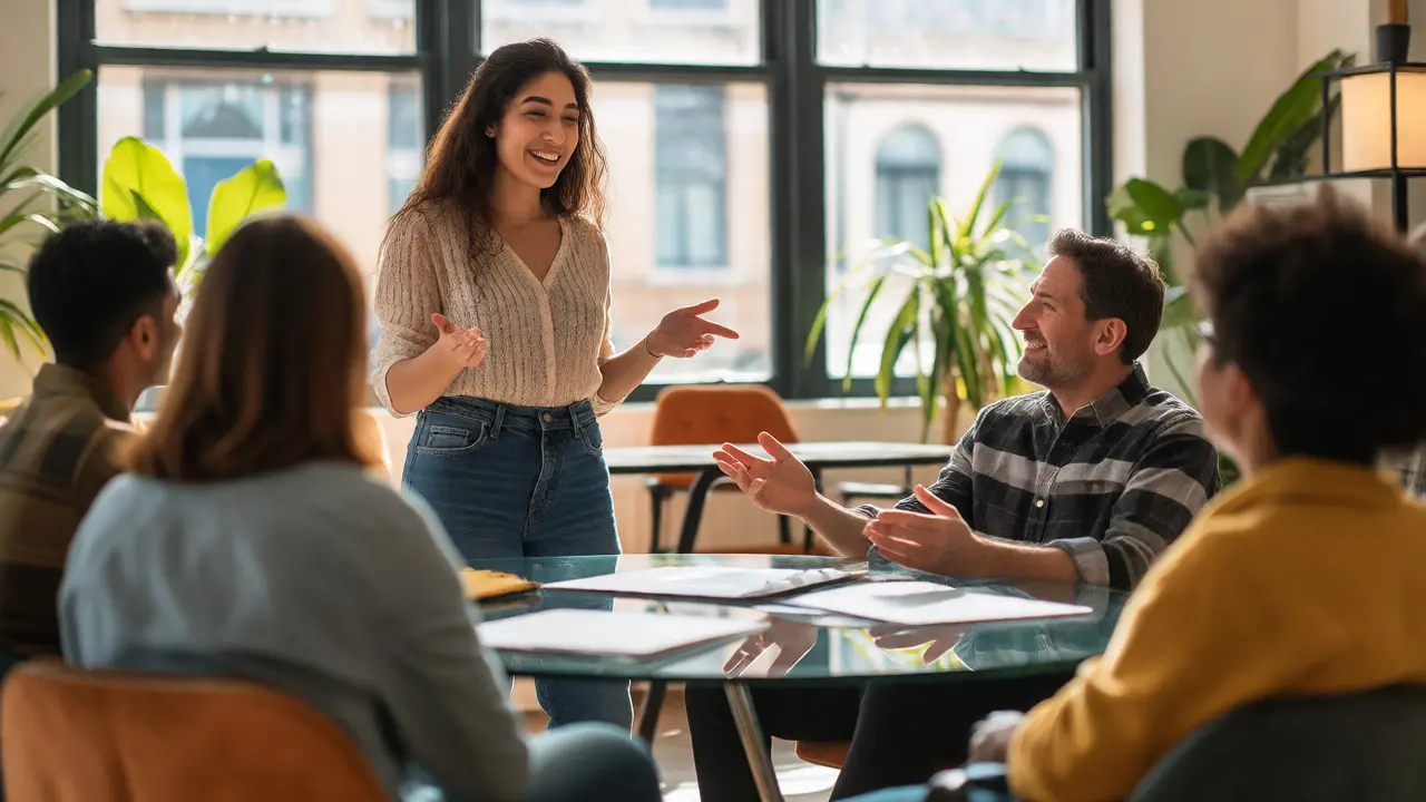 Confident team member presenting ideas while a manager listens supportively in a bright, modern hybrid office.