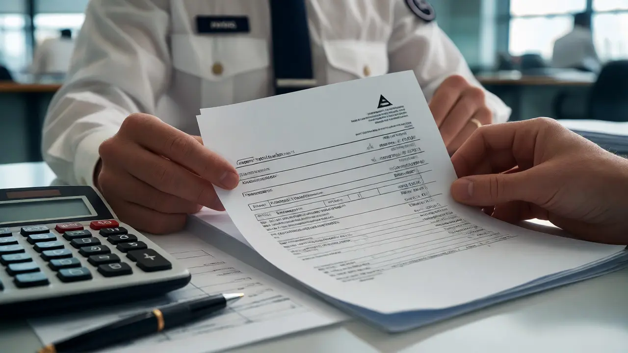 Customs officer reviewing import paperwork on a desk