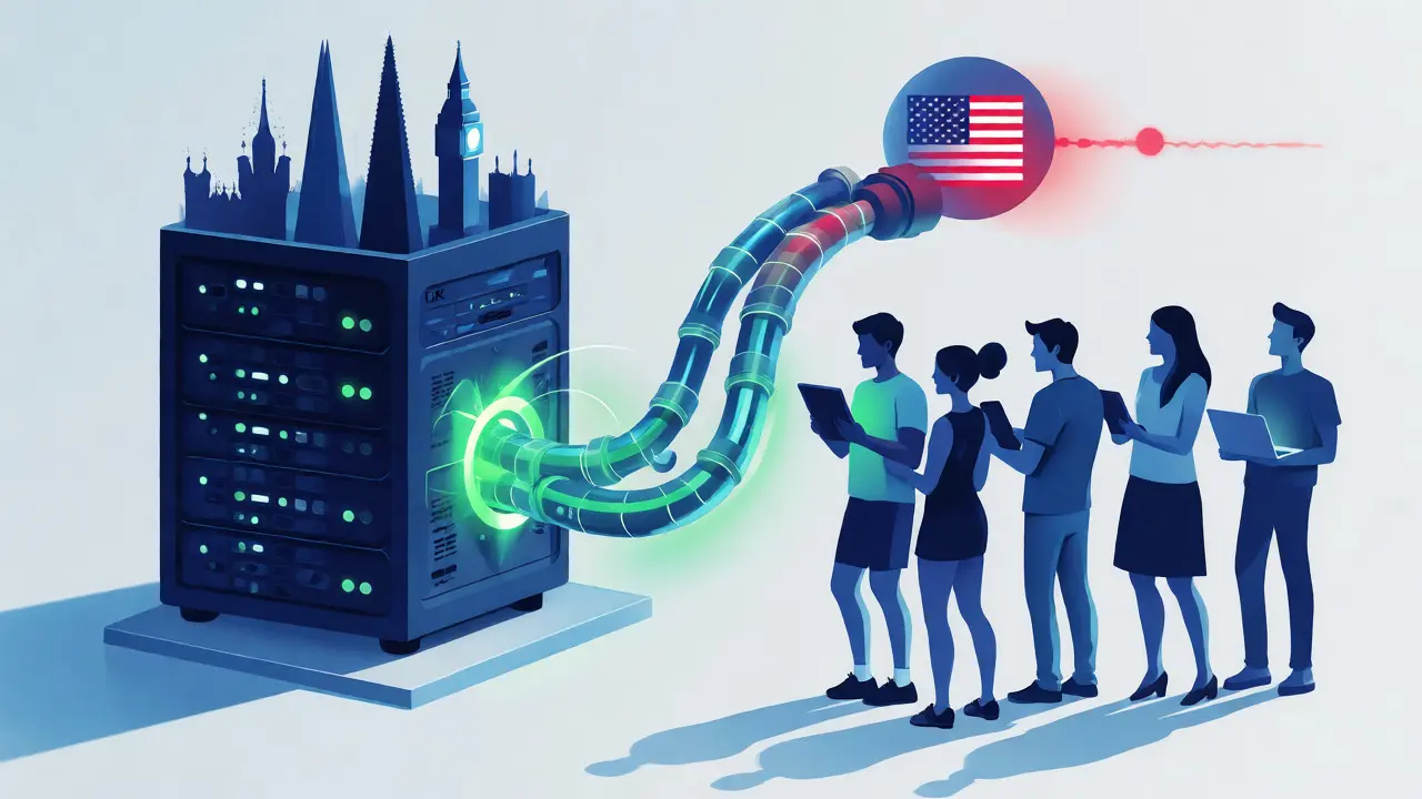 Digital visualization of fast data flow from UK servers to connected users.