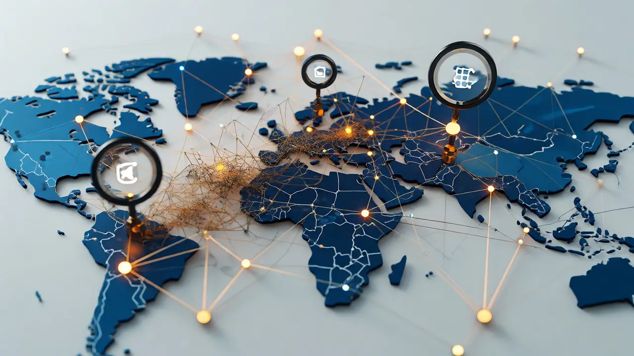Digital visualization of global supply chains with highlighted risk areas.