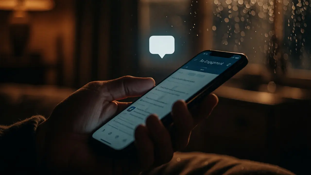 Hand holding a glowing smartphone in a dimly lit room with rain outside