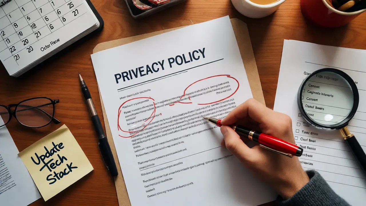 Hand reviewing a printed privacy policy draft with notes on updates and retention periods.