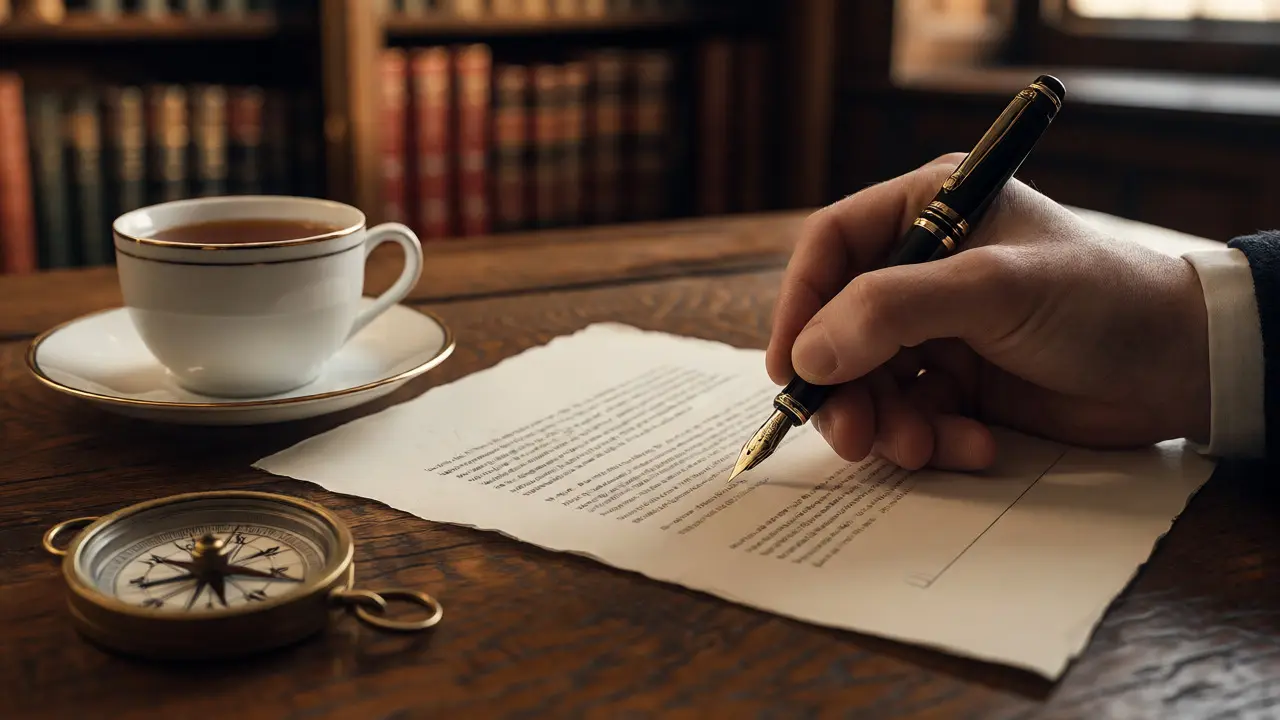 Hand signing document with tea and compass on wooden desk