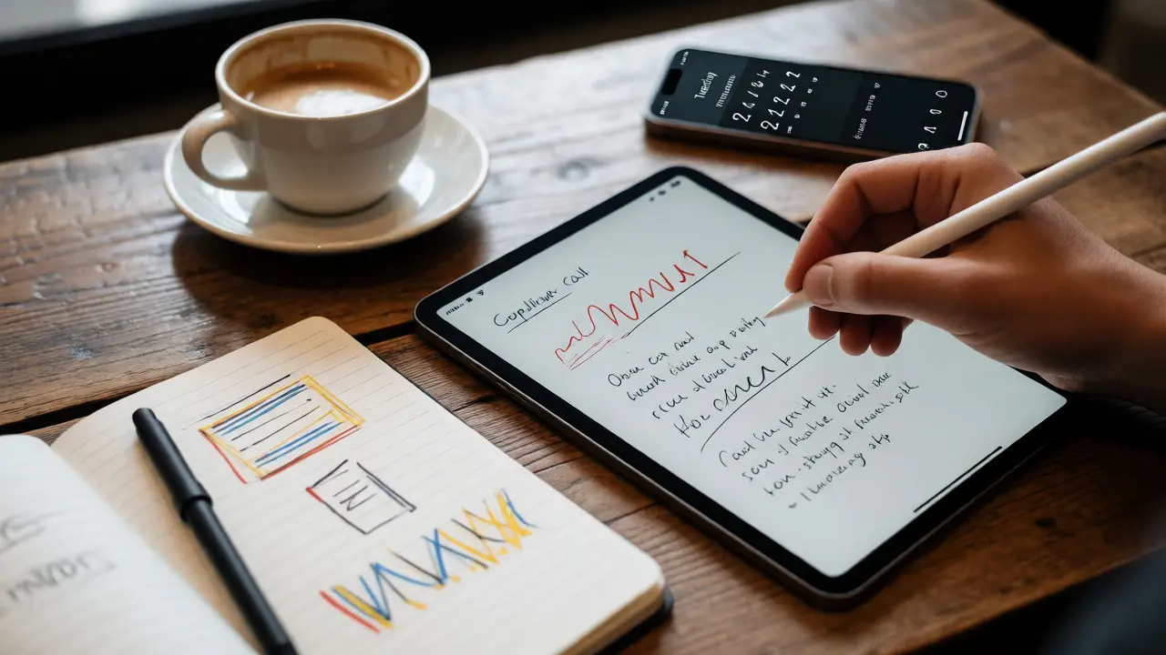 Hand taking notes on a tablet in a cafe after a sales call