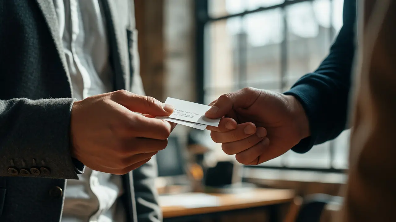 Hands exchanging a business card in a bright Manchester creative workspace.