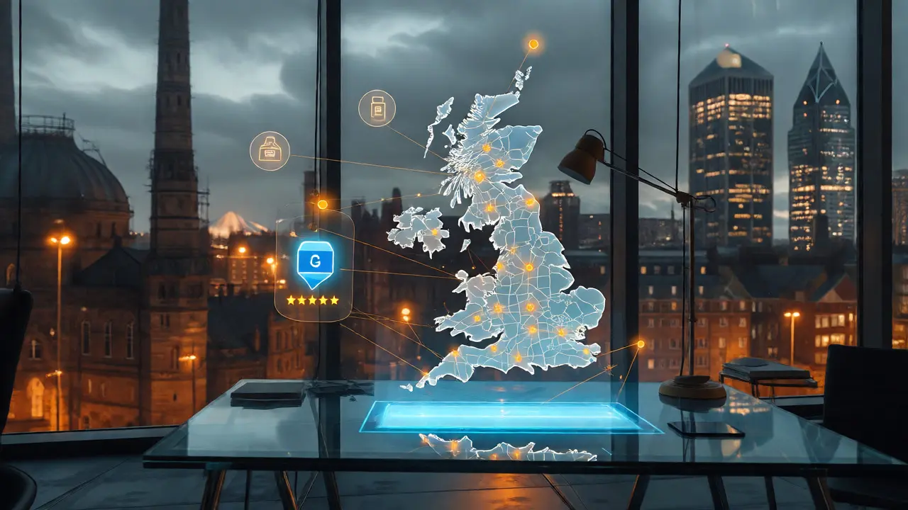 Holographic UK map showing local SEO connections on a desk