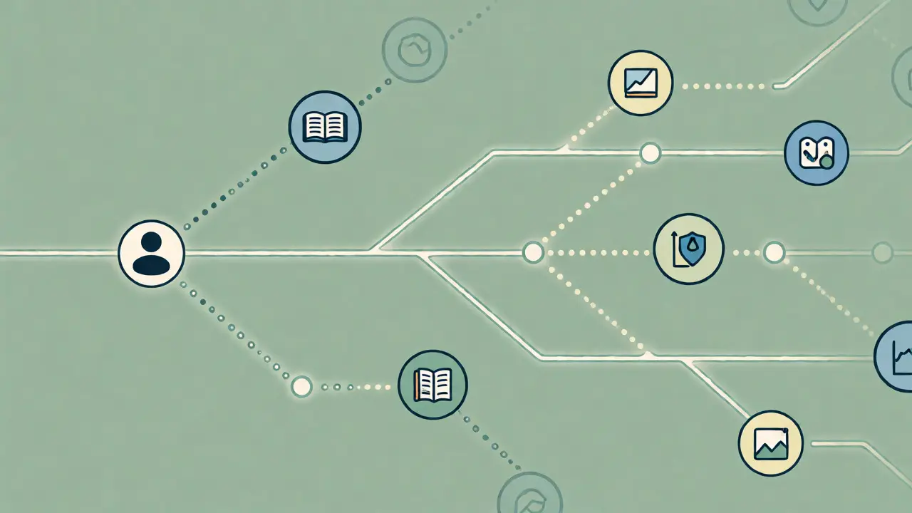 Isometric illustration of a customer journey path with connected content nodes
