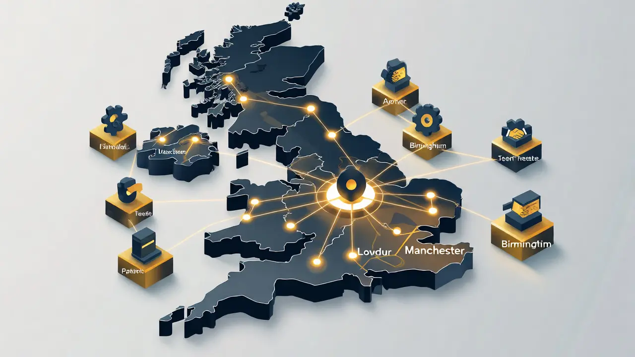 Isometric map of the UK showing connected distribution networks across major cities.