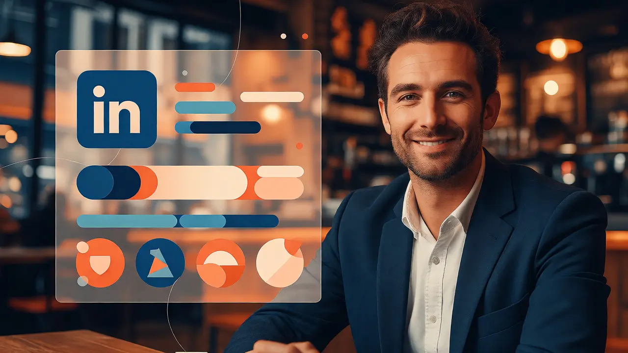Professional in an Edinburgh cafe with abstract digital profile graphics floating nearby.