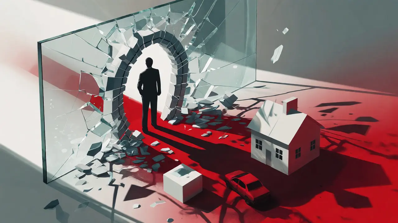 Shattered glass wall exposing personal assets to business debt risks
