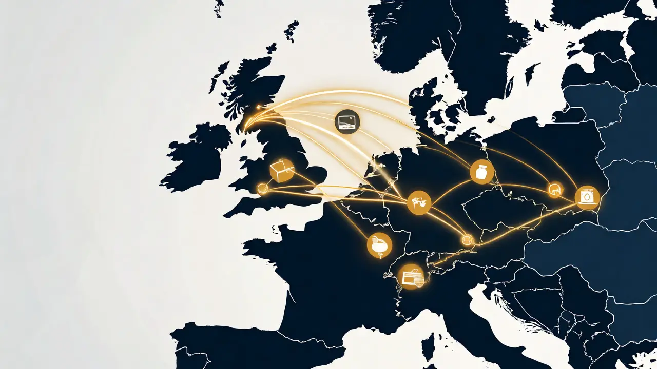 Stylized map showing UK trade routes to Europe and beyond