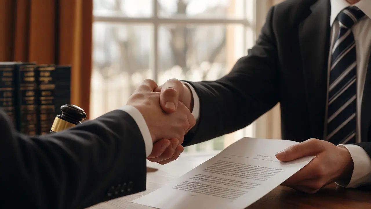 Two professionals shaking hands after signing a director agreement in an office.